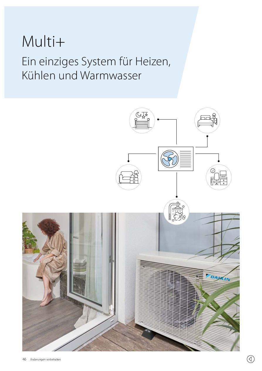 Erste Seite des Daikin Datenblatts Multi+ für Heizen, Kühlen und Warmwasser (PDF)